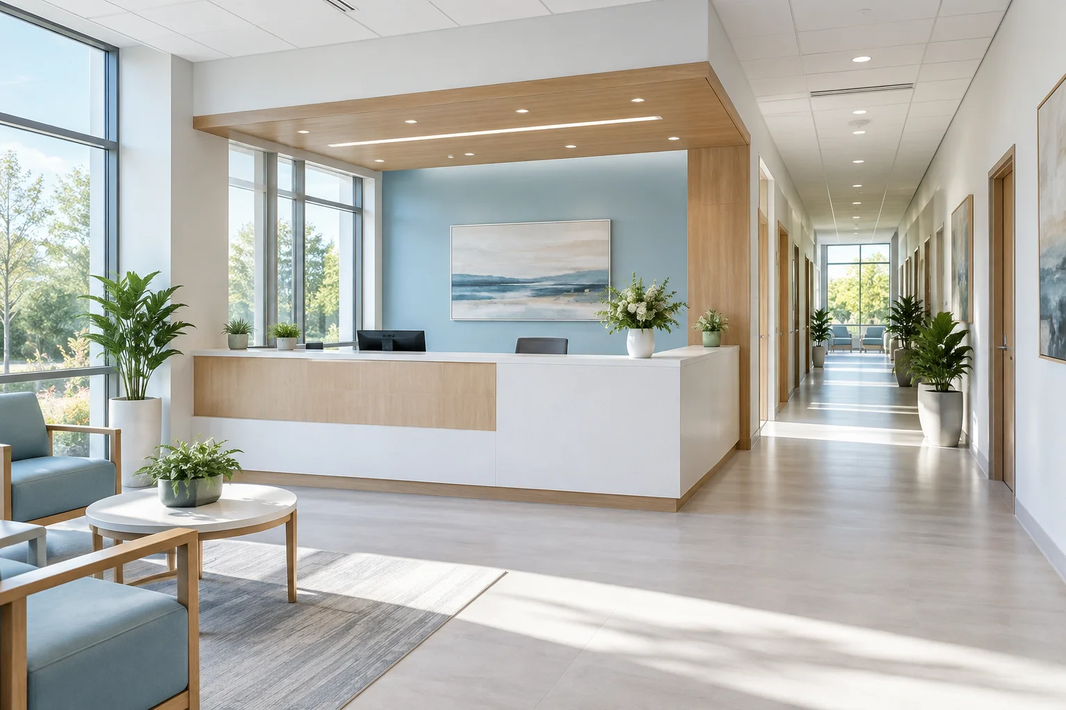 Illustrative bright reception with natural light and a clean corridor